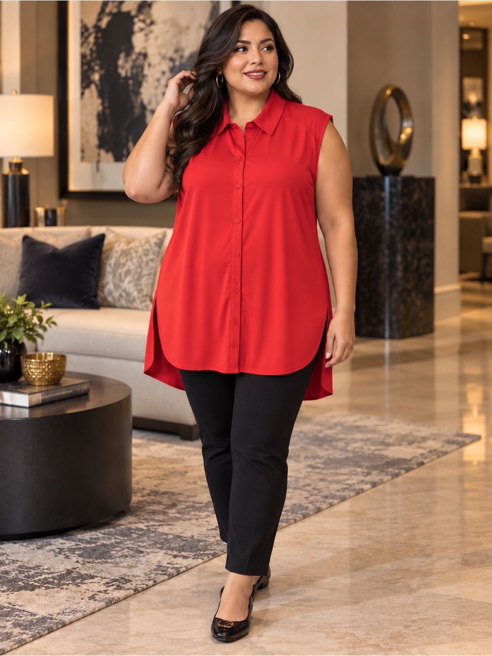 Nina Leonard Red Sleeveless Button Front Long Tunic Top 2XL